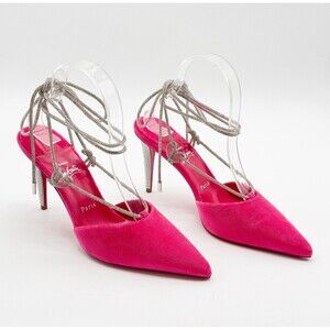 CHRISTIAN LOUBOUTIN Astrid Lace Strass 85 Pink Velvet Pumps Ankle Tie EU 39 US 9
